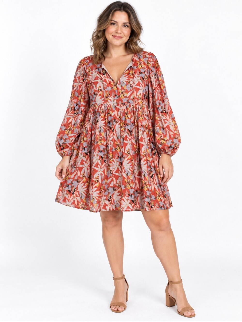 MOD On Trend Floral Babydoll Mini Dress Balloon Sleeve Size Medium